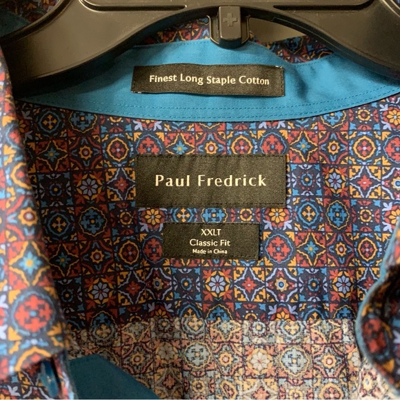 Paul Fredrick EUC 100% Cotton Blue Multicolored Geometric Print Button Down XXLT - Picture 5 of 7